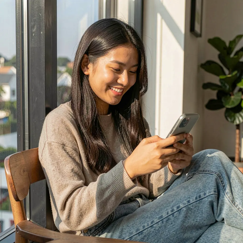 Malaysian woman relaxing by a window while using the SITI888 casino app on her smartphone enjoying modern mobile gaming