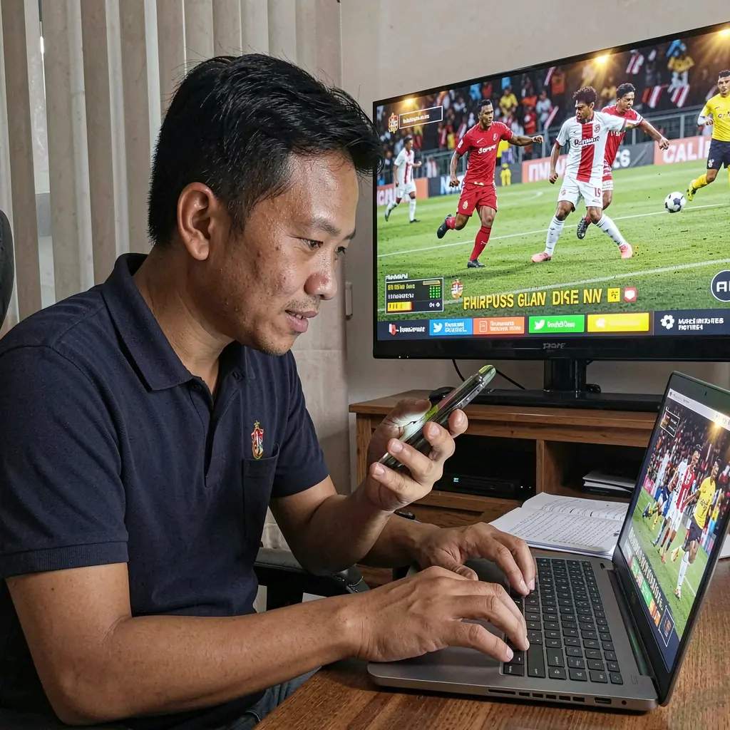 SITI888 Bet – Place smart live bets with real time football data in Malaysia Focused Malaysian bettor studying live football statistics on a laptop while tracking match progress on TV and using SITI888 on a smartphone