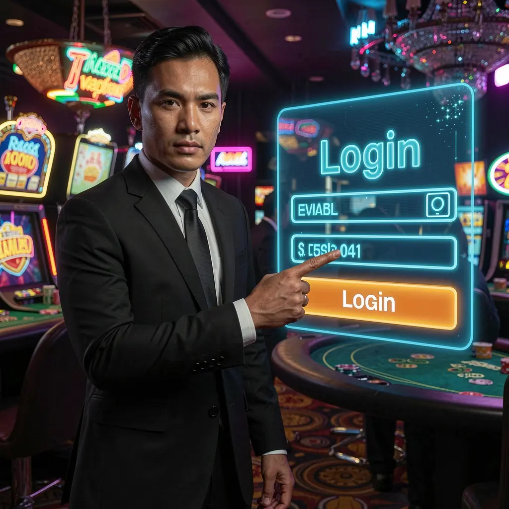 SITI888 Login – Secure and fast access to your gaming account in Malaysia Elegant Malaysian casino host in a tailored black suit pointing at a glowing digital login interface inside the premium SITI888 casino platform